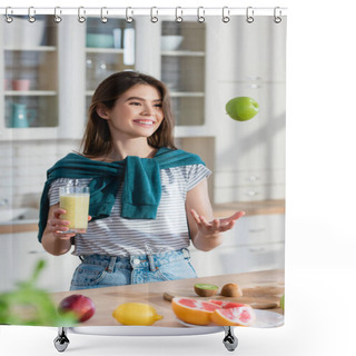 Personality  Cheerful Woman Juggle With Apple While Holding Fresh Smoothie On Blurred Foreground Shower Curtains
