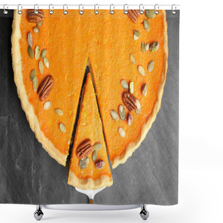 Personality  Delicious Homemade Pumpkin Pie On Black Table, Top View Shower Curtains