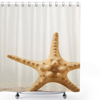 Personality  Close Up View Of Sea Star On Sand On Grey Background Shower Curtains