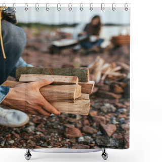 Personality  Cropped View Of Man Holding Firewood Near Girl  Shower Curtains