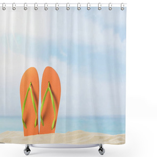 Personality  Pair Of Flip Flops In Sand On Blue Sky Background Shower Curtains