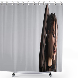 Personality  Brunette Woman With Makeup And Braids Posing With Closed Eyes And Hands Behind Head Isolated On Grey, Banner Shower Curtains