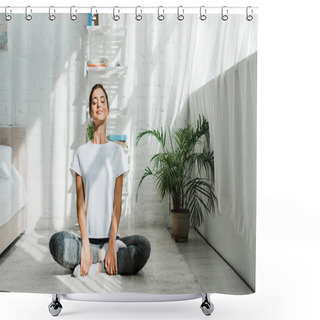 Personality  Beautiful Happy Girl With Closed Eyes Practicing Yoga In Lotus Position In Bedroom In The Morning  Shower Curtains
