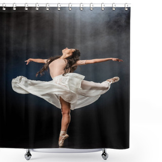 Personality  Beautiful Young Ballerina In White Skirt Dancing On Dark Background With Smoke Around Shower Curtains