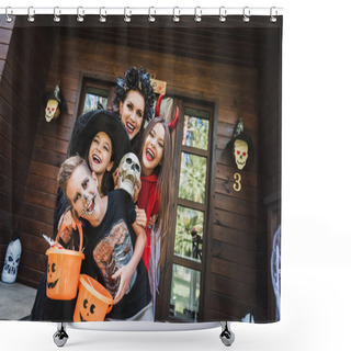 Personality  Excited Family In Creepy Halloween Costumes Holding Buckets With Sweets And Growling At Camera Shower Curtains
