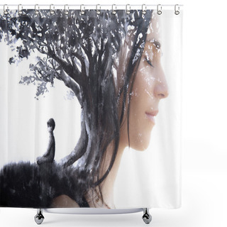 Personality  Paintography. Double Exposure Portrait Of A Serene Woman With Cl Shower Curtains