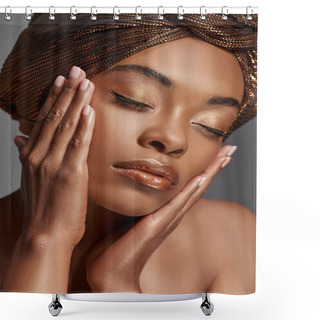 Personality  Portrait Of Beautiful African American Woman With Head Wrap And Bare Shoulders Isolated On Grey Shower Curtains