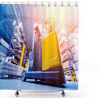 Personality  Forklift Loader In Storage Warehouse Ship Yard, Delivery And Logistics Concept Shower Curtains