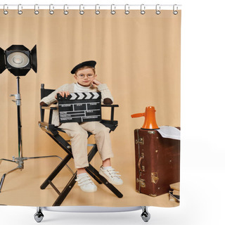 Personality  Preadolescent Boy In Director Attire With Movie Clapper, Seated In Chair. Shower Curtains