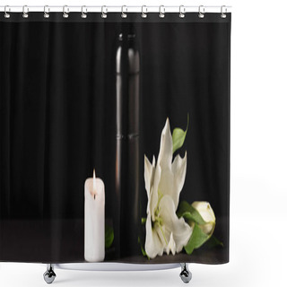Personality  Lily, Candle And Urn With Ashes On Black Background, Funeral Concept, Banner Shower Curtains