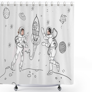 Personality  Creative Hand Drawn Collage With Couple In Space Suits And Rocket Shower Curtains