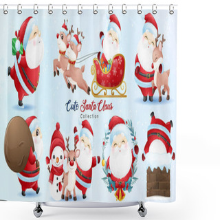Personality  Cute Doodle Santa Claus And Friends For Christmas Day With Watercolor Illustration Shower Curtains