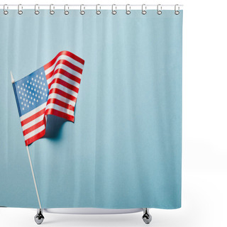 Personality  Top View Of Usa Flag On Stick On Blue Background With Copy Space Shower Curtains