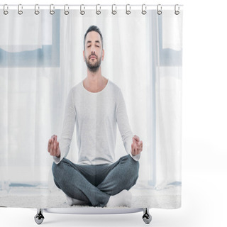 Personality  Good-looking Man With Eyes Closed Sitting On Carpet In Lotus Pose And Meditating At Home Shower Curtains