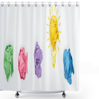 Personality  Panoramic Shot Of Multicolored Crumpled Paper Balls And Light Bulb Illustration On White Background, Business Concept Shower Curtains