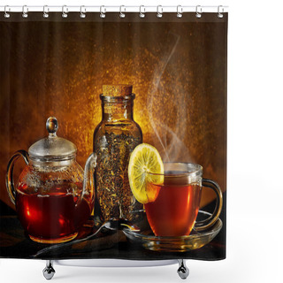 Personality  Glass Teapot And Cup On Golden Background Shower Curtains