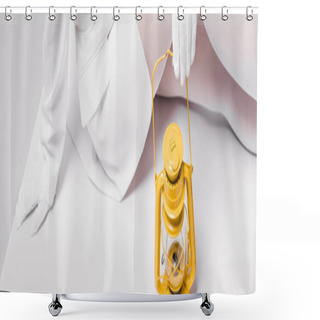 Personality  Panoramic Shot Of Young Woman Sitting With Yellow Retro Lamp On White Shower Curtains