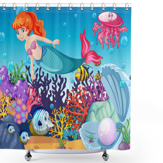 Personality  Set Of Sea Animals And Mermaid Cartoon Character On Sea Background Illustration Shower Curtains