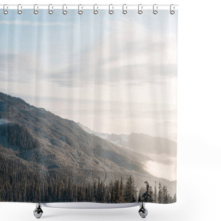 Personality  Scenic View Of Snowy Mountains With Pine Trees In White Fluffy Clouds And Sunlight Shower Curtains