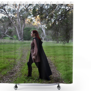 Personality   Portrait Of Red Haired Girl Wearing Fantasy Medieval Clothes Of A Wandering Adventurer.  Natural Light In A Woodland Forest Setting. Shower Curtains