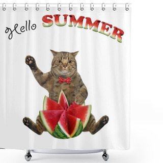 Personality  The Beige Cat In A Red Bow Tie Is Sitting With A Watermelon, Carved In The Shape Of A Flower. Hello Summer. White Background. Isolated. Shower Curtains