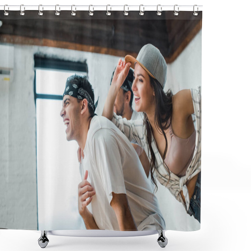 Personality  selective focus of cheerful multicultural dancers posing in dance studio  shower curtains