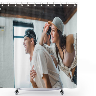 Personality  Selective Focus Of Cheerful Multicultural Dancers Posing In Dance Studio  Shower Curtains