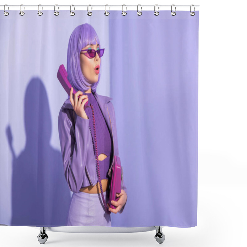 Personality  Amazed Young Woman Dressed In Doll Style With Retro Telephone On Violet Colorful Background Shower Curtains