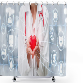 Personality  Medical Healthcare Concept - Doctor In Hospital With Digital Medical Icons Graphic Banner Showing Symbol Of Medicine, Medical Care People, Emergency Service Network, Doctor Data Of Patient Health. Shower Curtains