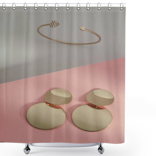 Personality  Top View Of Modern Earrings Pair On Pink And White Background Pastel Color Paper Shower Curtains