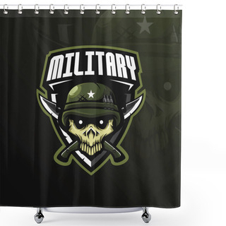 Personality  Skull Military Mascot Logo Design Vector With Modern Illustration Concept Style For Badge, Emblem And Tshirt Printing. Skull Military Illustration With Knives And Badges. Shower Curtains