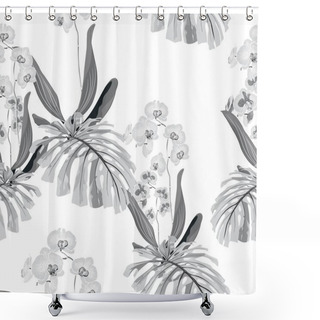 Personality  Tropical Monstera Leaves And Orchid Flowers Seamless Pattern In Black And White Style. Beach Wallpaper. Shower Curtains