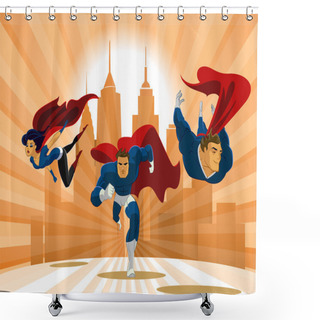 Personality  Superhero Team. Team Of Superheroes, Flying And Running In Front Shower Curtains