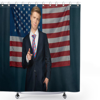 Personality  Man Pointing With Finger At Camera On American Flag Background Shower Curtains