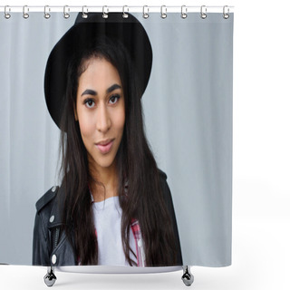 Personality  Close-up Portrait Of Smiling Young Woman In Hat Looking At Camera Isolated On Grey Shower Curtains