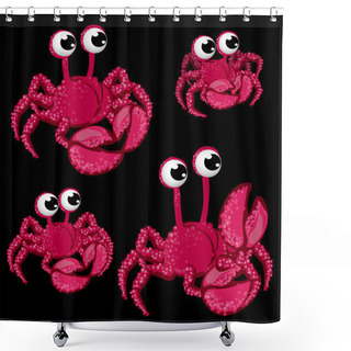 Personality  Set Pink Crabs With Big Eyes On Black Background Shower Curtains