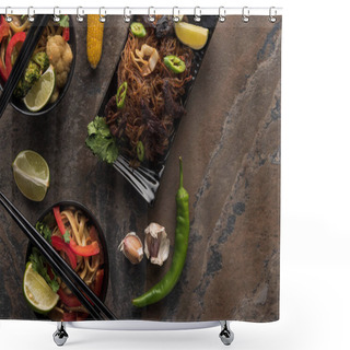 Personality  Top View Of Tasty Spicy Thai Noodles With Chopsticks On Stone Surface Shower Curtains