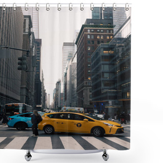 Personality  NEW YORK, USA - OCTOBER 11, 2022: Taxi Car On Crosswalk On Urban Street In Manhattan  Shower Curtains