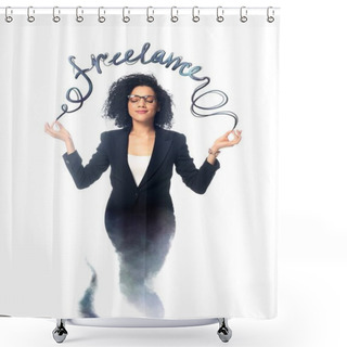 Personality  African American Businesswoman With Closed Eyes Meditating As Jinn Isolated On White With Freelance Lettering Shower Curtains