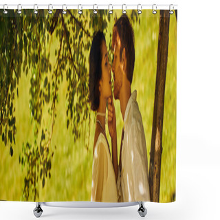 Personality  Redhead Groom Kissing Charming Asian Bride Under Green Tree In Rural Setting, Side View, Banner Shower Curtains