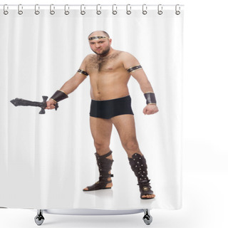 Personality  Fighter Holding Sword  Isolated On White Shower Curtains
