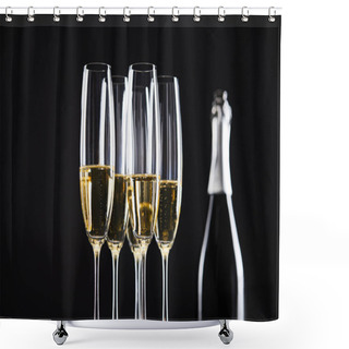 Personality  Glasses And Bottle Of Champagne For Celebrating Christmas, Isolated On Black  Shower Curtains