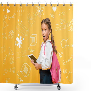 Personality  Surprised Schoolkid Holding Digital Tablet With Blank Screen Near Mathematical Formulas On Orange  Shower Curtains