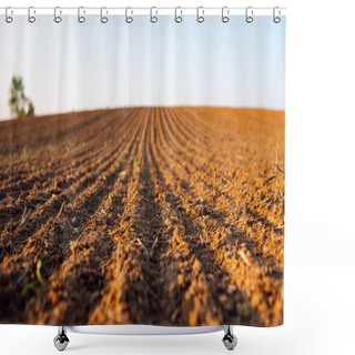 Personality  Rural Landscape. Close-up Of Black Soil Prepared Before Sowing Plants, Vegetables, Seed In Sunset Light. Agriculture Concept. Shower Curtains