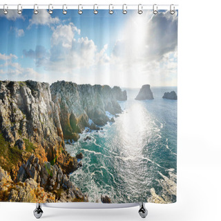 Personality  Aerial View Of The Rocky Shore Of Pointe De Pen-Hir, Cliffs Close-up. Cloudy Blue Sky, Azure Water, Stormy Waves. Dramatic Cloudscape. Crozon Peninsula, Brittany, France Shower Curtains