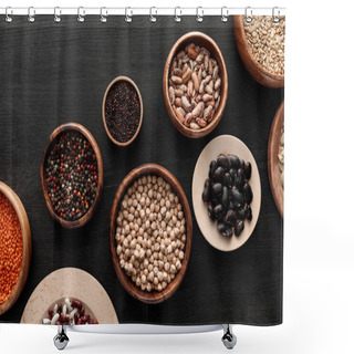 Personality  Top View Of Bowls With Beans, Chickpea, Lentil, Peppercorns, Quinoa And Oatmeal On Dark Wooden Surface Shower Curtains