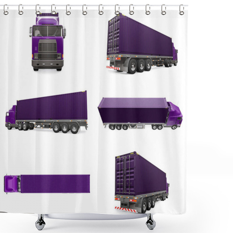 Personality  Set Large Retro Purple Truck With A Sleeping Part And An Aerodynamic Extension Carries A Trailer With A Sea Container. 3d Rendering. Shower Curtains