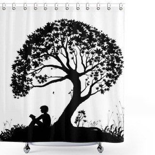 Personality  Best Place To Read Concept, Boy Reading Under The Big Tree, Park Scene In Black And White, Childhood Memories, Shadow Story, Shower Curtains
