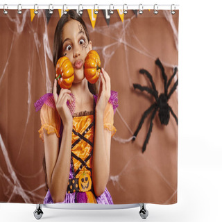 Personality  Funny Girl With Spiderweb Makeup Puffing Cheeks And  Holding Pumpkins On Brown Backdrop, Halloween Shower Curtains