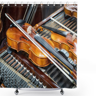 Personality  Antique Violin And Violin Bow Lying On Dulcimer. Close Up A Violin Instrument And Cymbal Before A Concert. Music Concept Background Shower Curtains
